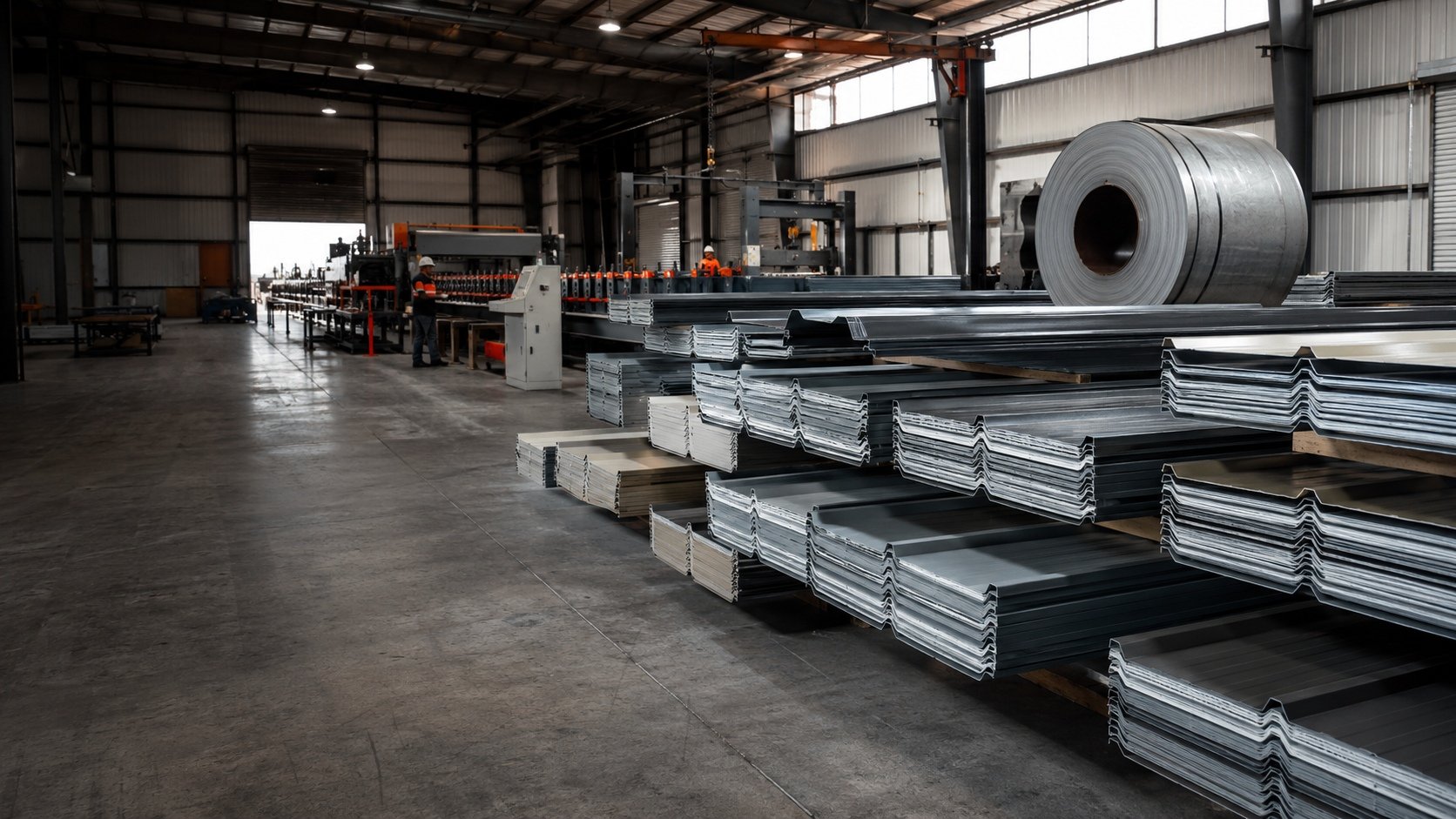 Stacked metal roofing panels and steel coil stock on the Frontier Metals manufacturing floor